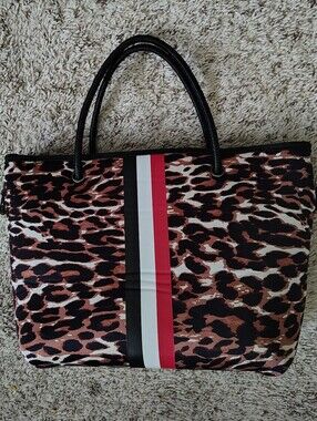 Leopard Print Tote Bag with Red & Black Stripe haute Shore